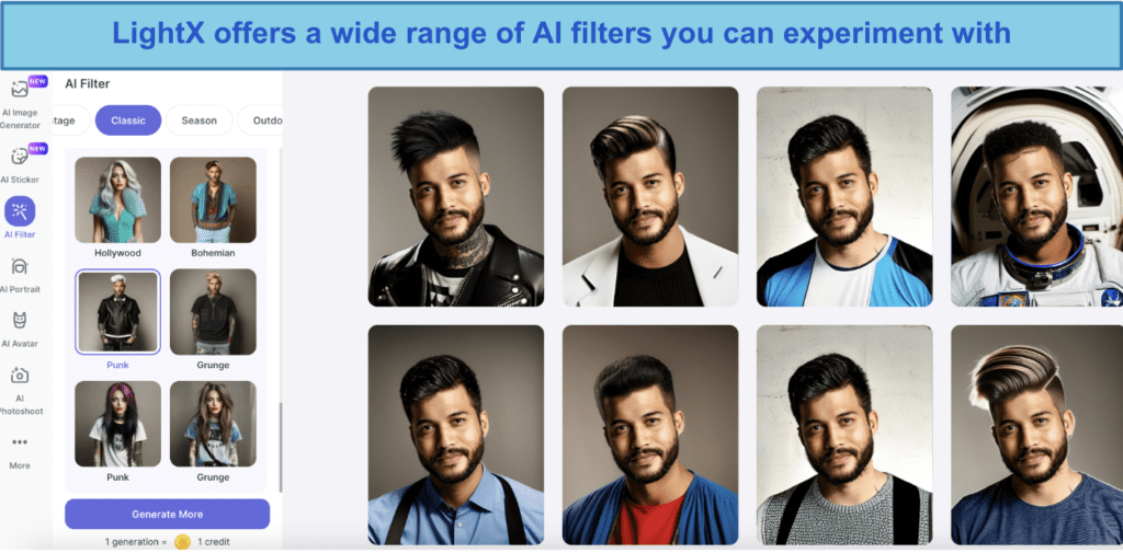 Screenshot of Lightx ai headshot generator ai filters