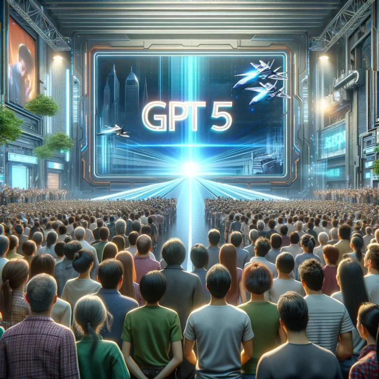 People eagerly waiting and looking at a screen displaying 'GPT 5'.