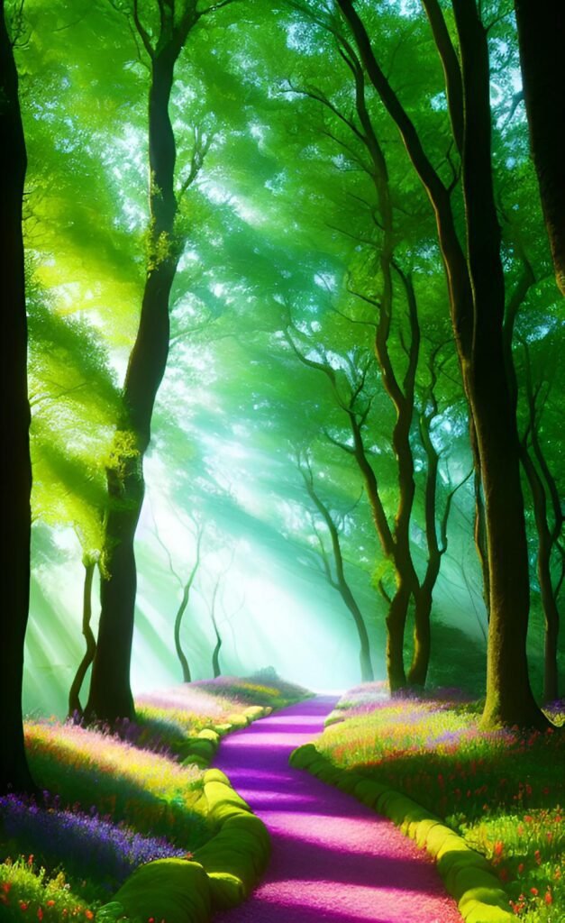 An AI-generated image of a winding path through a mystical forest with ancient trees, bathed in green light, with vibrant flowers lining the pathway