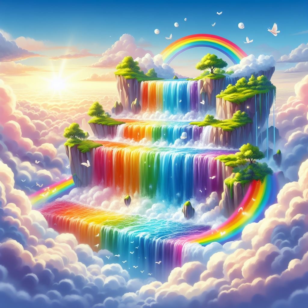 A fantasy scene of rainbow waterfalls cascading down rocky cliffs, surrounded by clouds and a sunrise. Trees and white birds complete the magical view.