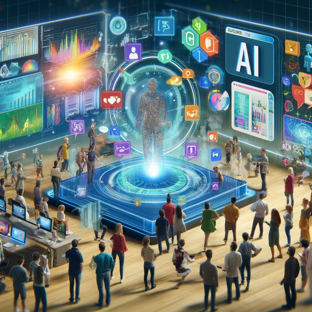 Illustration of a diverse group of people engaging with futuristic AI tools on digital interfaces in a modern, tech-oriented environment, showcasing free access to AI resources.