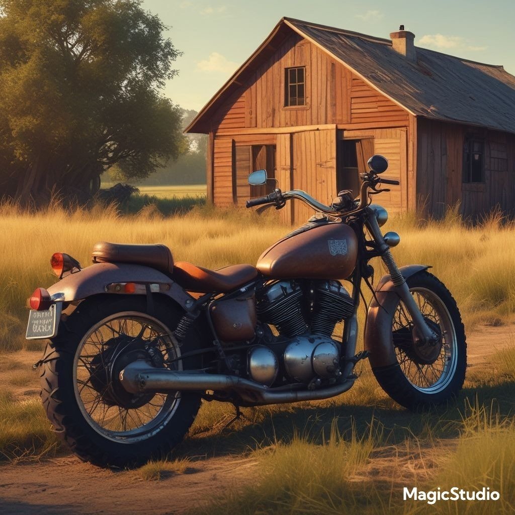 A vintage motorcycle parked beside an old wooden barn in a rural setting.