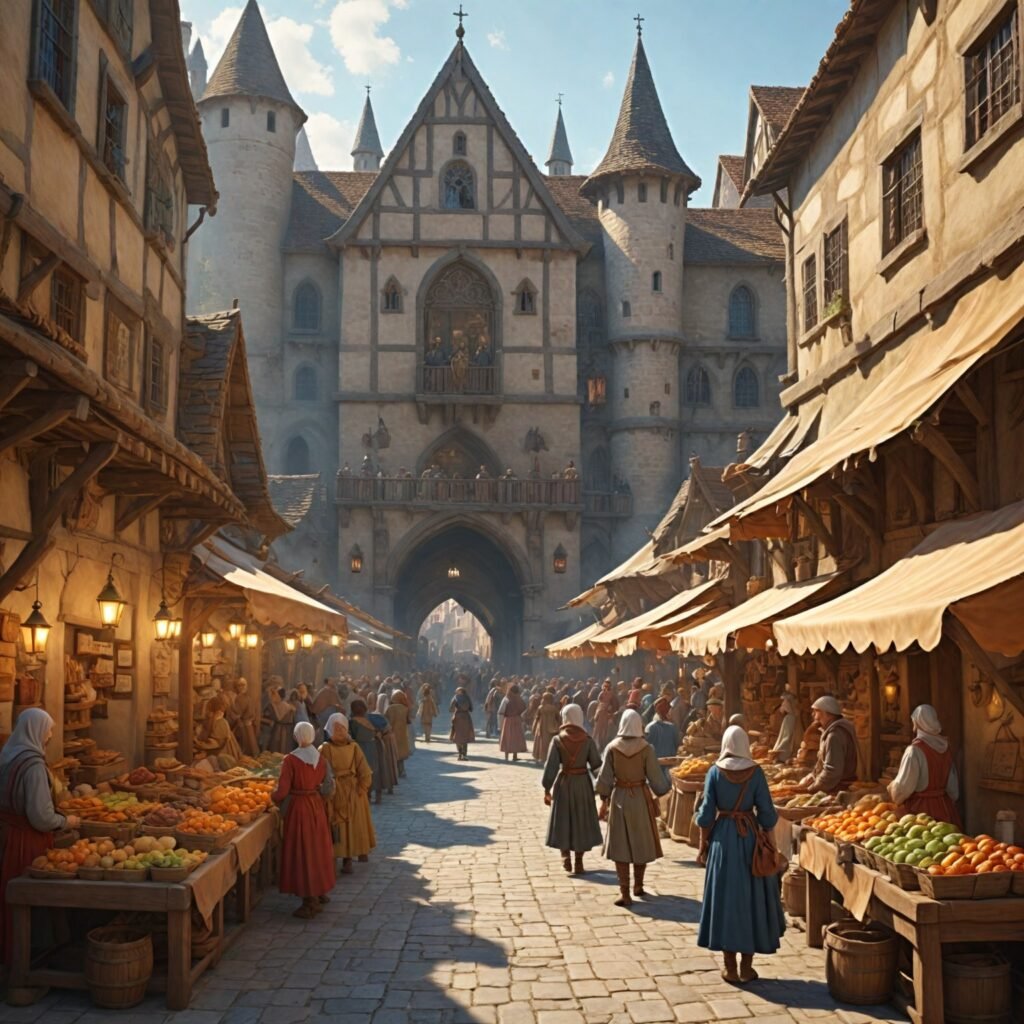 A medieval marketplace with colorful stalls and people in period clothing.