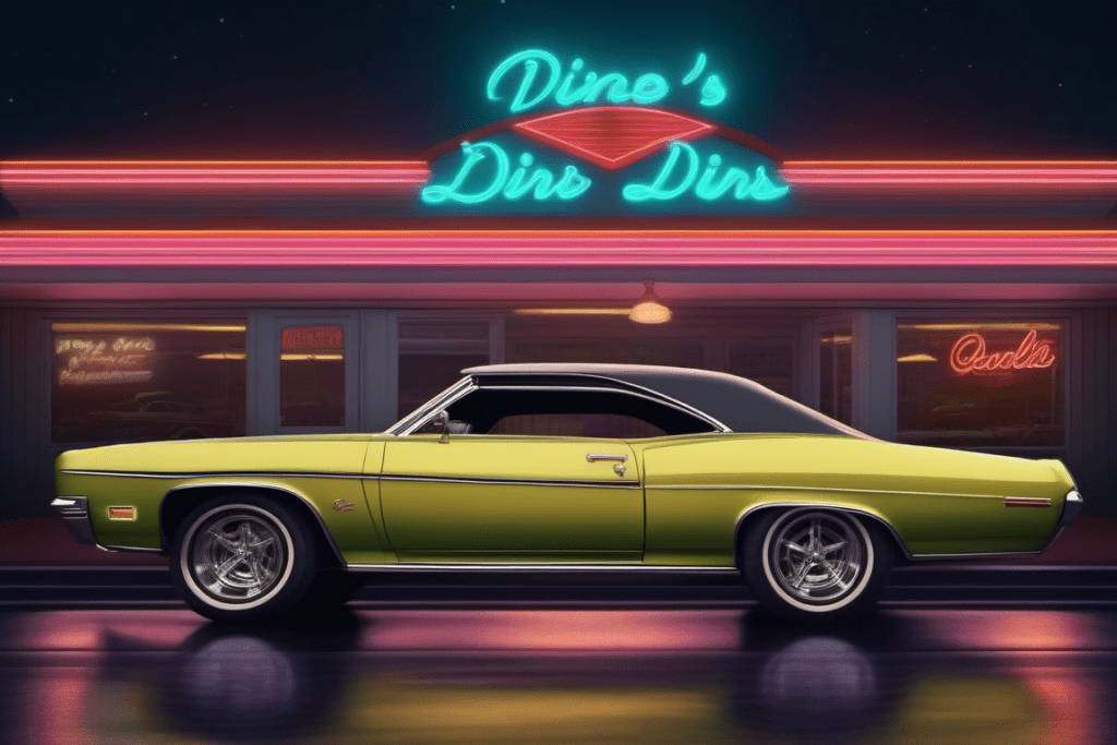 A classic muscle car parked in front of a retro diner with neon signs.