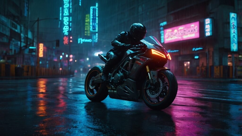 A motorcycle racer in a black suit speeds through a neon-lit, rainy city at night.