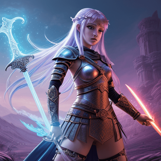 A young warrior princess with purple hair, wielding a glowing blue sword and a red saber, in a vibrant fantasy world.