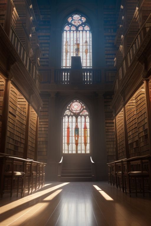 An ancient library with towering bookshelves and large stained glass windows.