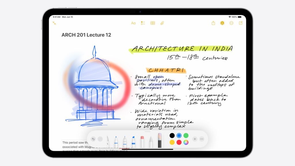 iPad screen displaying the Notes app with a handwritten and illustrated lecture note, created using Apple Intelligence features.