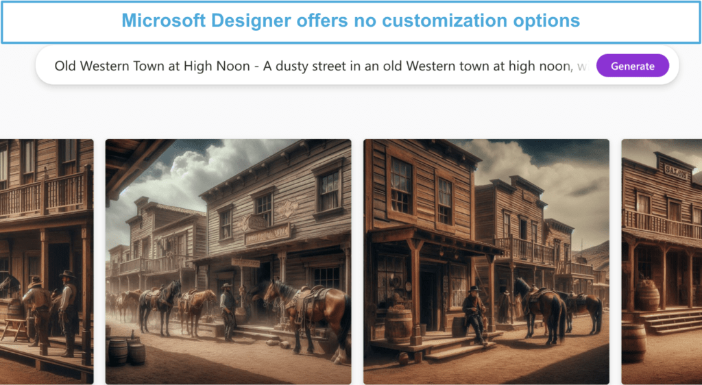 Microsoft Designer AI image generation interface with no customization options.