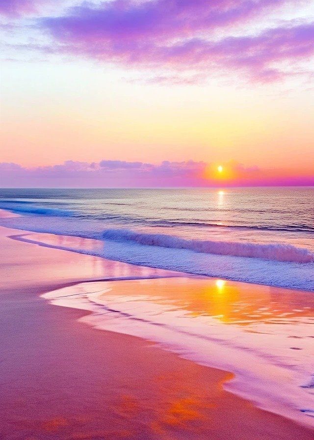 A serene beach at sunrise with vibrant pink and purple hues reflecting on the water and sand.