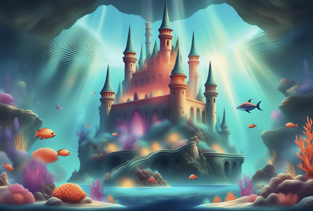 AI generated magical underwater castle surrounded by colorful coral reefs and fish, illuminated by sunlight.