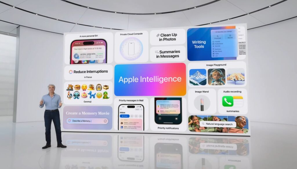 Apple Intelligence presentation at WWDC 2024 showing various new features on a large screen.