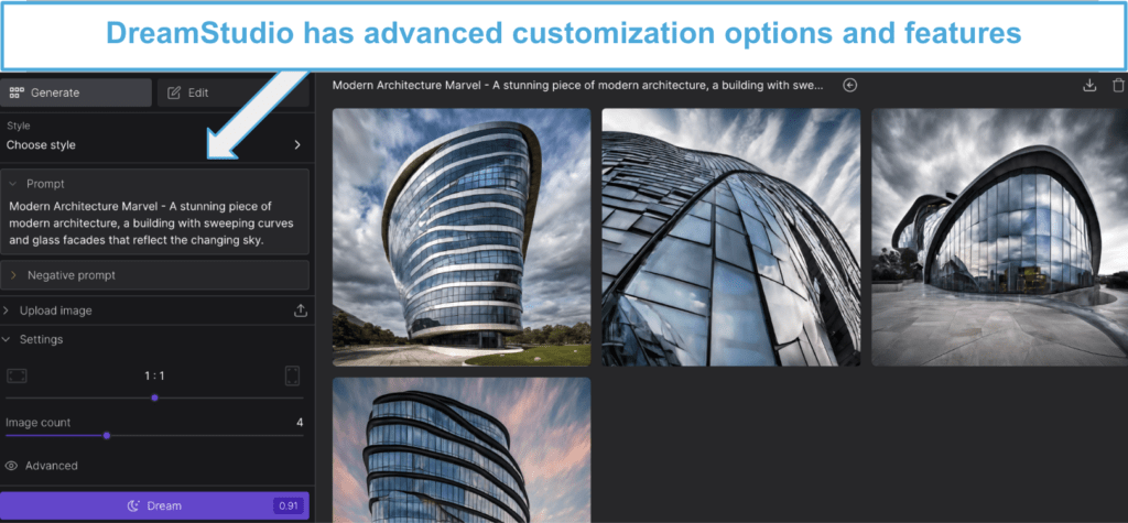 DreamStudio by StabilityAI dashboard with advanced customization options for image generation.