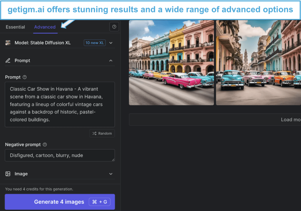 Dashboard of getimg.ai showing various advanced options for AI image generation.