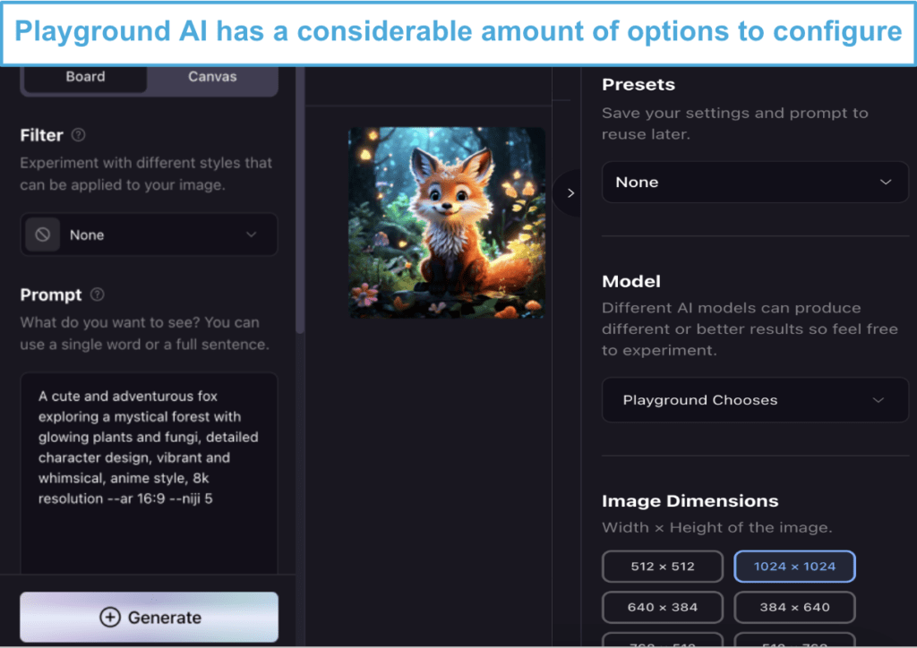 Playground AI dashboard showing various customization options for prompts.