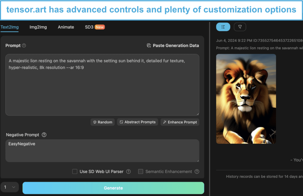 tensor.art AI image generator dashboard with customization options.