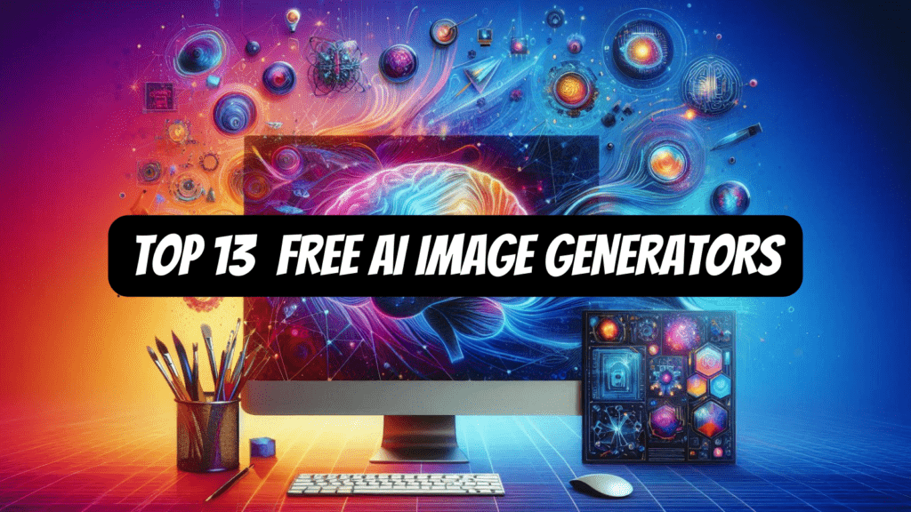 Artistic image with AI elements, brushes, palettes, and laptops for 'Best AI Image Generator Free Tools' article