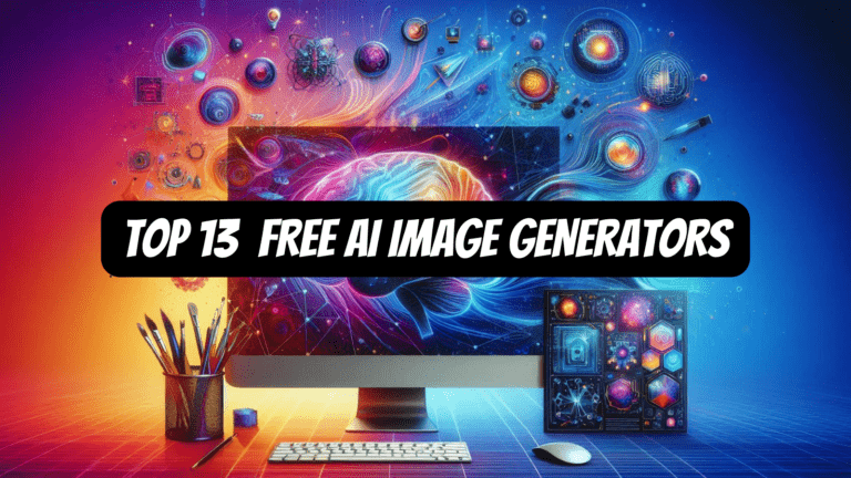 Artistic image with AI elements, brushes, palettes, and laptops for 'Best AI Image Generator Free Tools' article