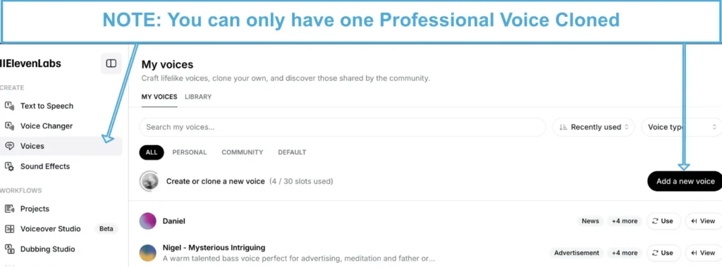 Dashboard for creating or cloning a voice on ElevenLabs, highlighting that only one professional voice can be cloned."