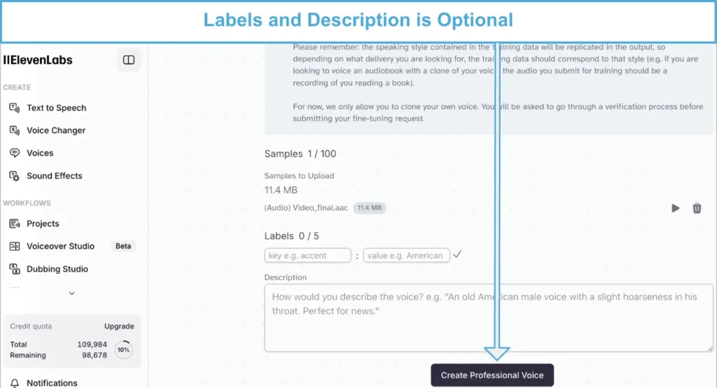 ElevenLabs interface showing options for adding labels and a description to a voice sample, with a button to create a Professional Voice.