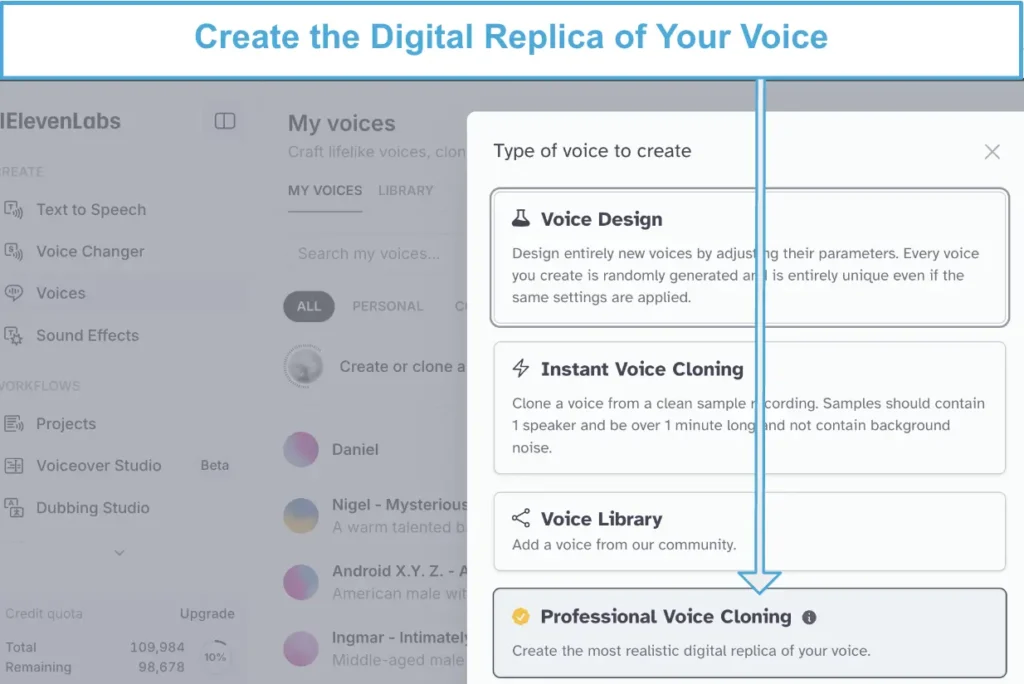 ElevenLabs dashboard showing options to create different types of voices, including Professional Voice Cloning.