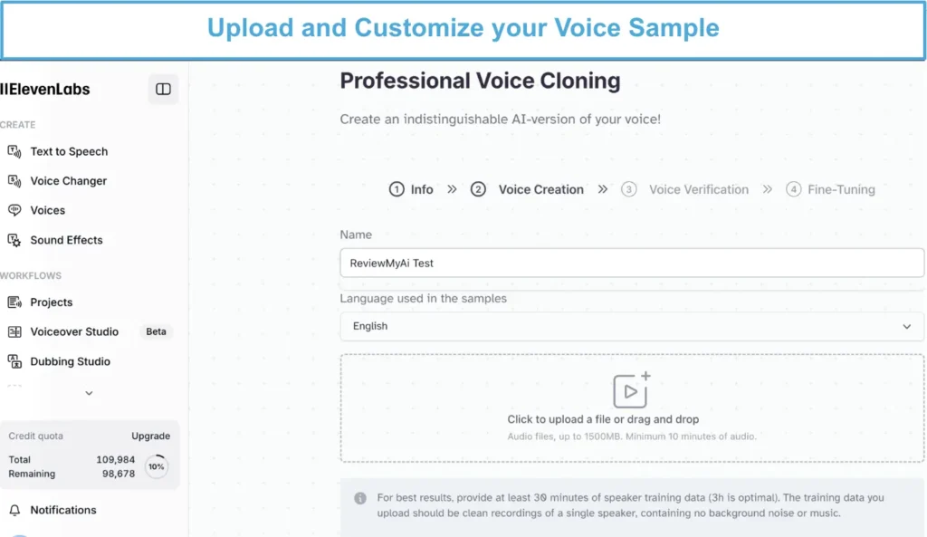 ElevenLabs interface for uploading and customizing a voice sample under Professional Voice Cloning, with fields for name, language, and file upload.