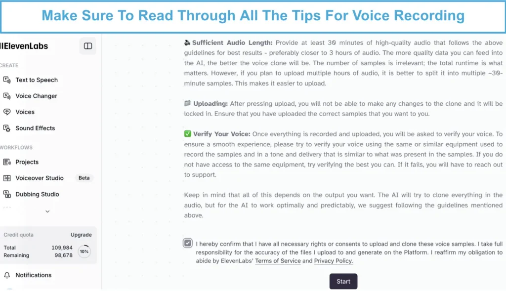 ElevenLabs page with tips for voice recording, including guidelines for audio length, uploading, and verifying your voice, with a start button at the bottom.