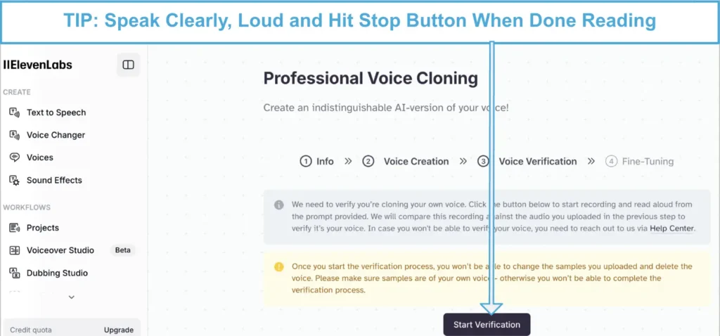 ElevenLabs Professional Voice Cloning screen prompting the user to start voice verification, with instructions to speak clearly and hit the stop button when done.