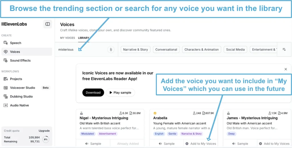 ElevenLabs Voices library dashboard with search, filters, and voice options like 'Nigel' and 'Arabella,' featuring sample buttons and 'Add to My Voices' options.