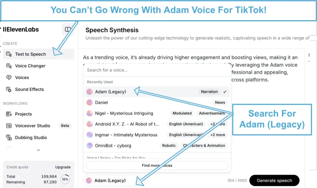 Screenshot of the ElevenLabs dashboard highlighting the process to search for and select the Adam (Legacy) voice, showcasing its suitability for TikTok and social media content creation.