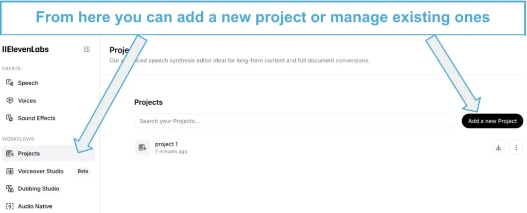 ElevenLabs dashboard with options to add or manage projects. Arrow pointing to 'Add a new Project' button.