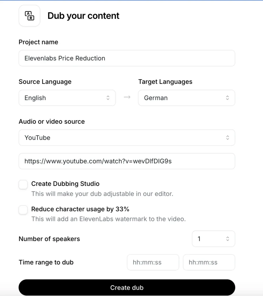 ElevenLabs Dubbing Studio dashboard showing the option to create new dubs in over 29 languages with translation and speaker detection features.