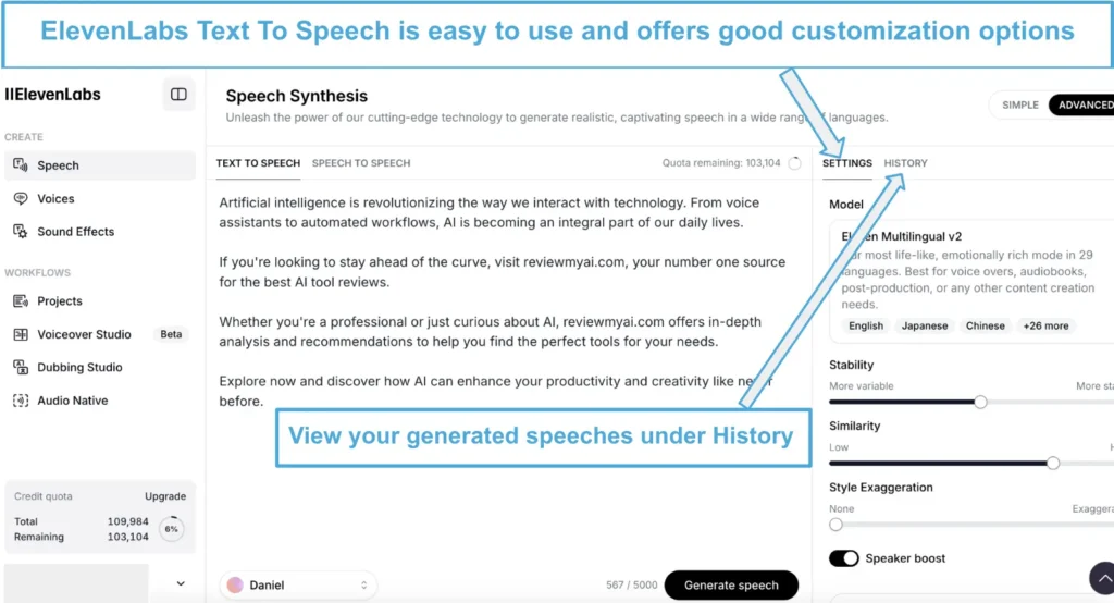 ElevenLabs' Text to Speech dashboard with model settings and speech history access.