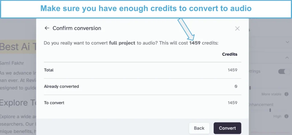 Conversion confirmation in ElevenLabs, showing credits required for full project conversion and a confirm button.