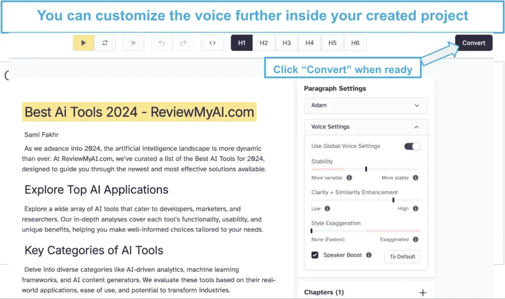 Paragraph settings in an ElevenLabs project, with voice customization options and a 'Convert' button.