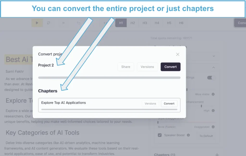 ElevenLabs conversion options, allowing the user to convert a whole project or specific chapters.