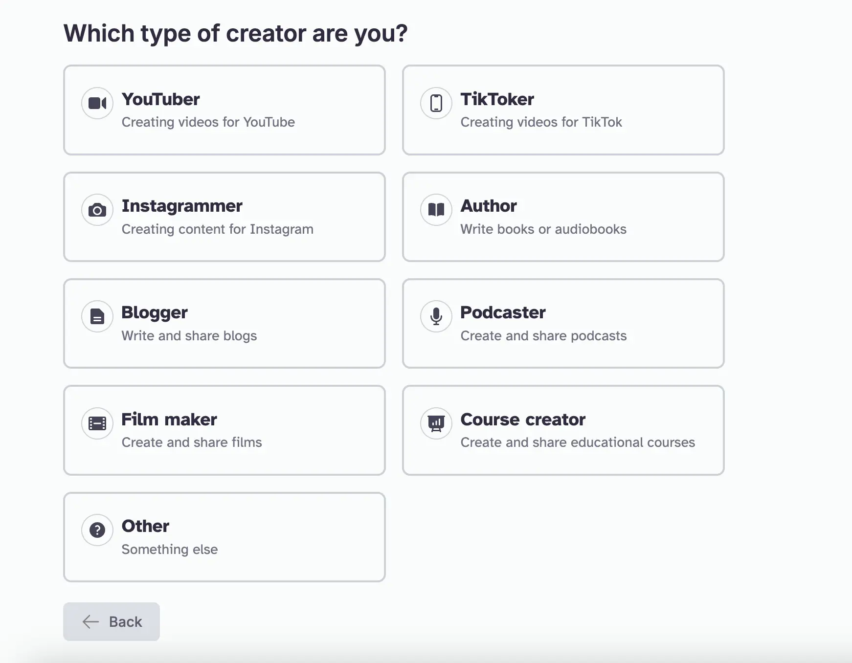 ElevenLabs sign-up screen with user types like Creator, Voice actor, Marketer, and more.