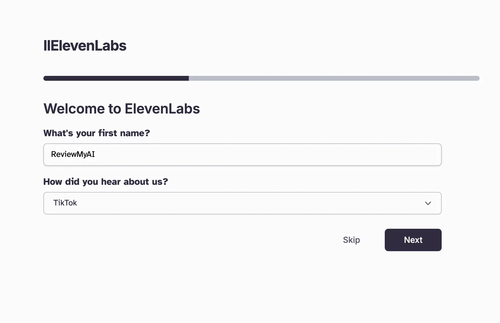 ElevenLabs sign-up screen asking for first name and referral source, with skip and next options.