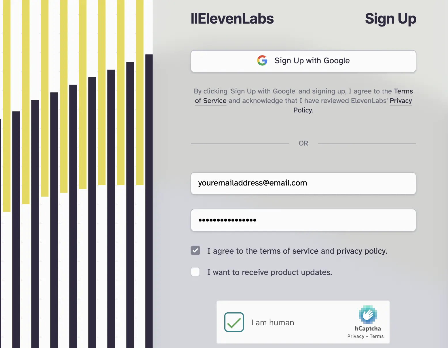 ElevenLabs sign-up page with email, password fields, and Google sign-up option