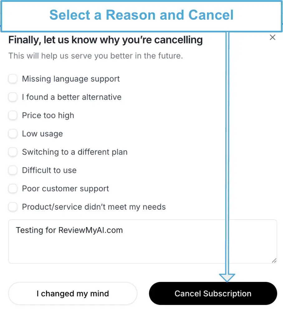 Screenshot showing the final step in the cancellation process on ElevenLabs, where users select a reason for cancelling and click 'Cancel Subscription' to confirm.