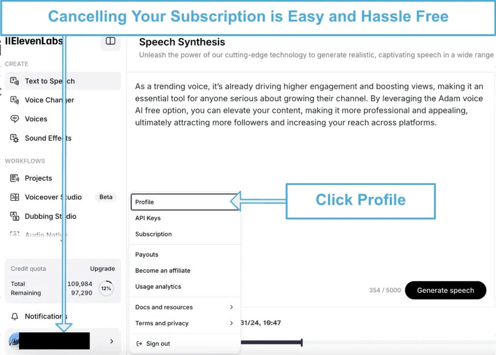 Screenshot showing how to cancel a subscription on ElevenLabs, highlighting the 'Profile' option in the user menu.