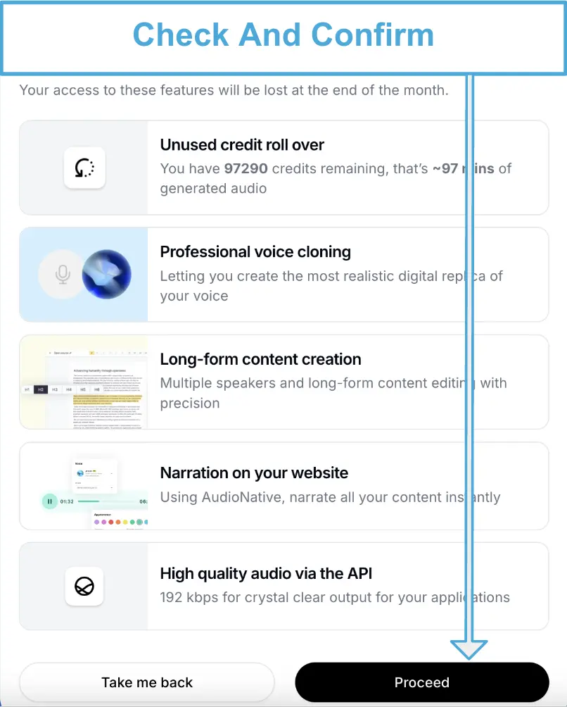 Screenshot showing a confirmation page on ElevenLabs with a summary of features that will be lost, highlighting the 'Proceed' button to confirm subscription cancellation.