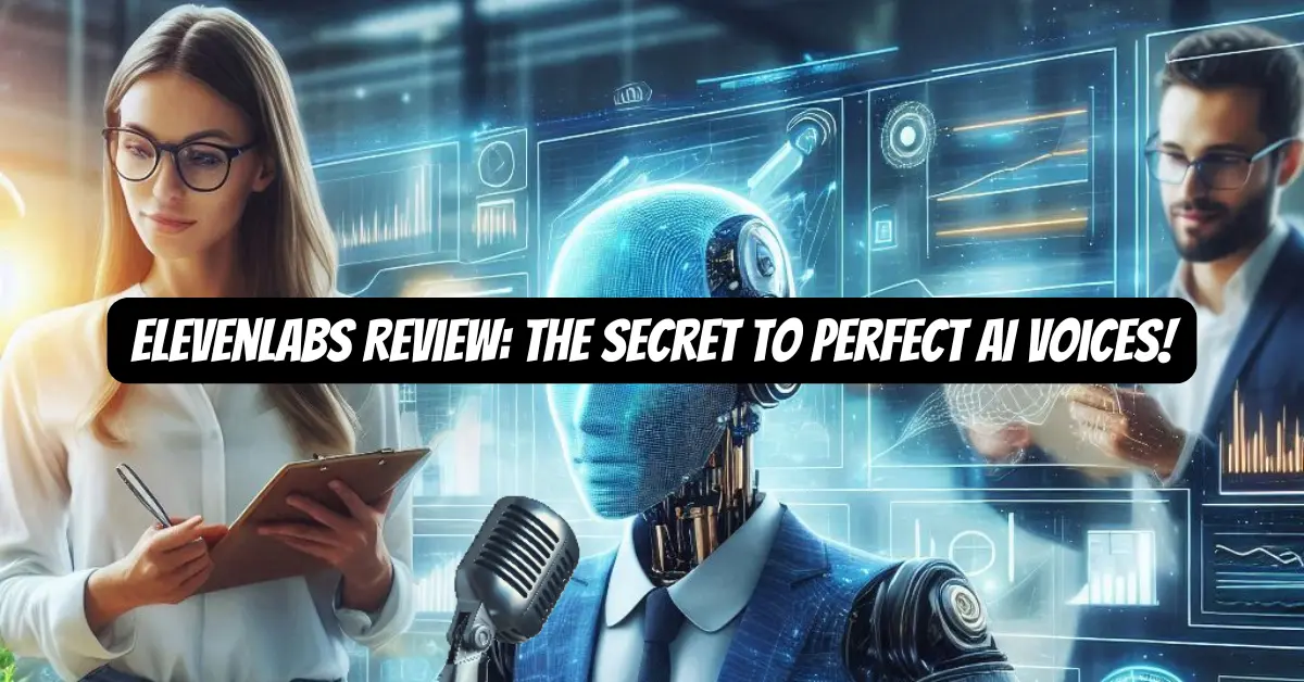 Futuristic image with a robot and professionals, highlighting 'ElevenLabs Review: The Secret to Perfect AI Voices!